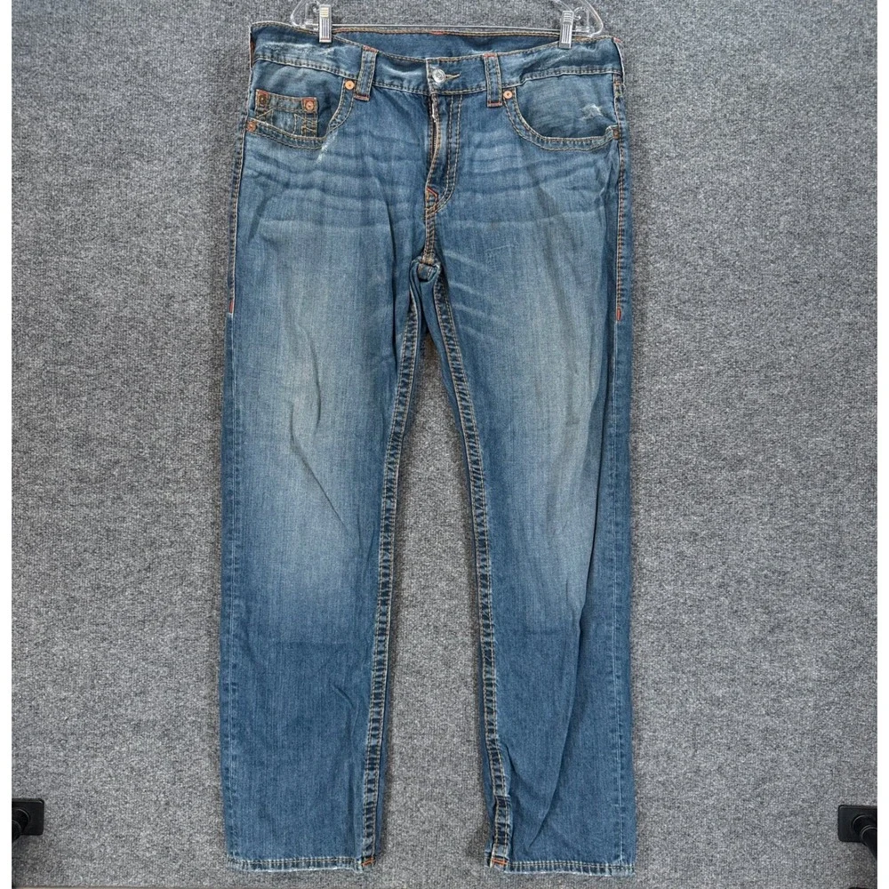 True Religion Slim Jeans Mens 38 Blue Contrast Stitch Horseshoe Denim Casual